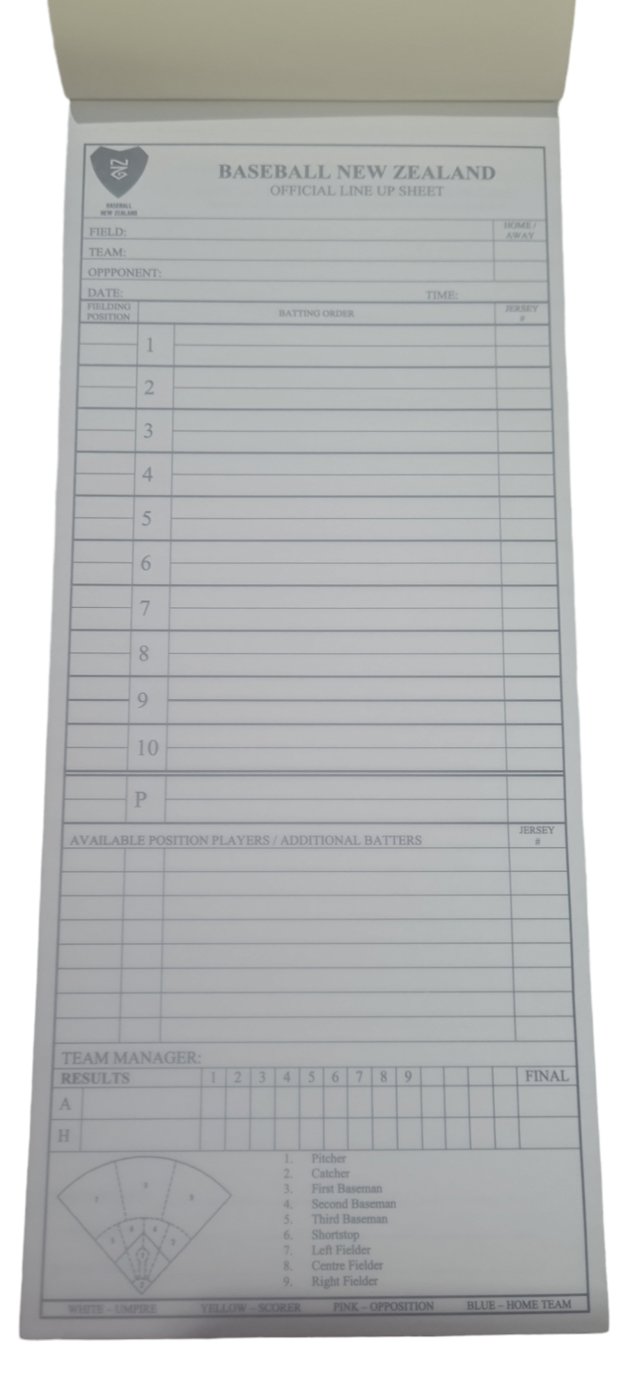 Official Baseball New Zealand Lineup Sheets