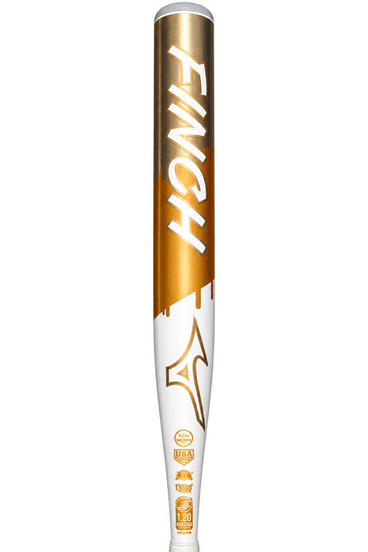 Mizuno Finch -13 fastpitch softball bat in white and gold, barrel detail