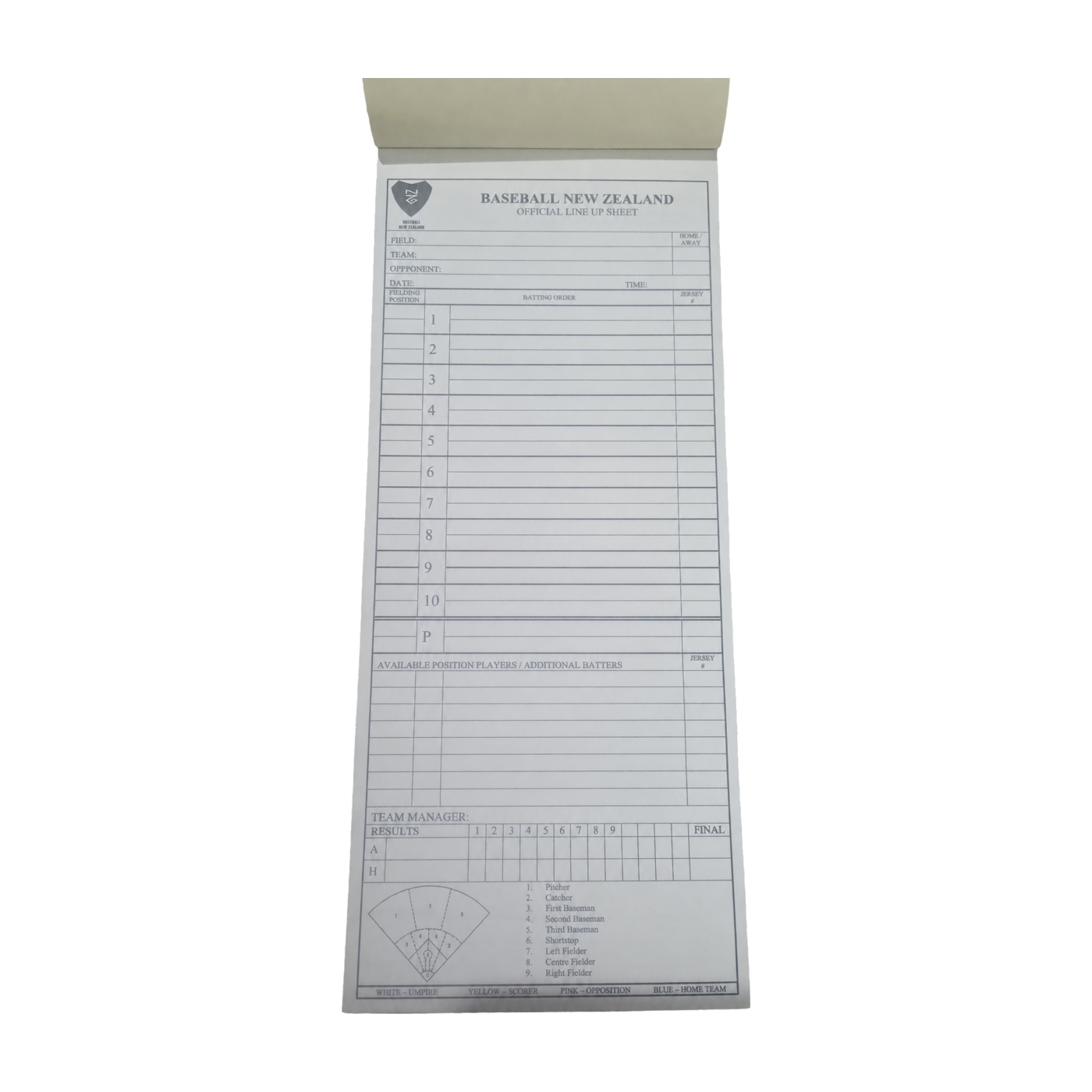 Official Baseball New Zealand Lineup Sheets on a transparent background