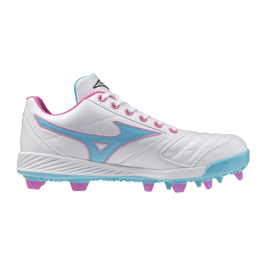 Mizuno Pro Select Fastpitch Women's TPU Moulded Cleats - White/Blue Jewel/Pink — product view 2