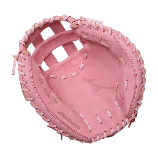 2027 Mizuno MVP Prime 34" Fastpitch Catcher's Mitt - White/Pink on a transparent background