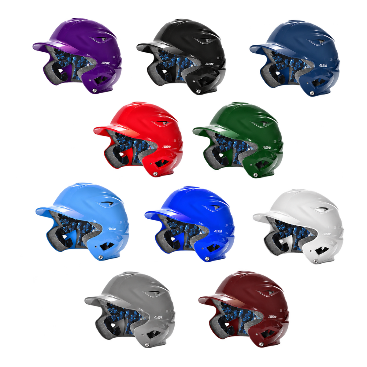 All-Star adult batting helmets in available colours on a transparent background