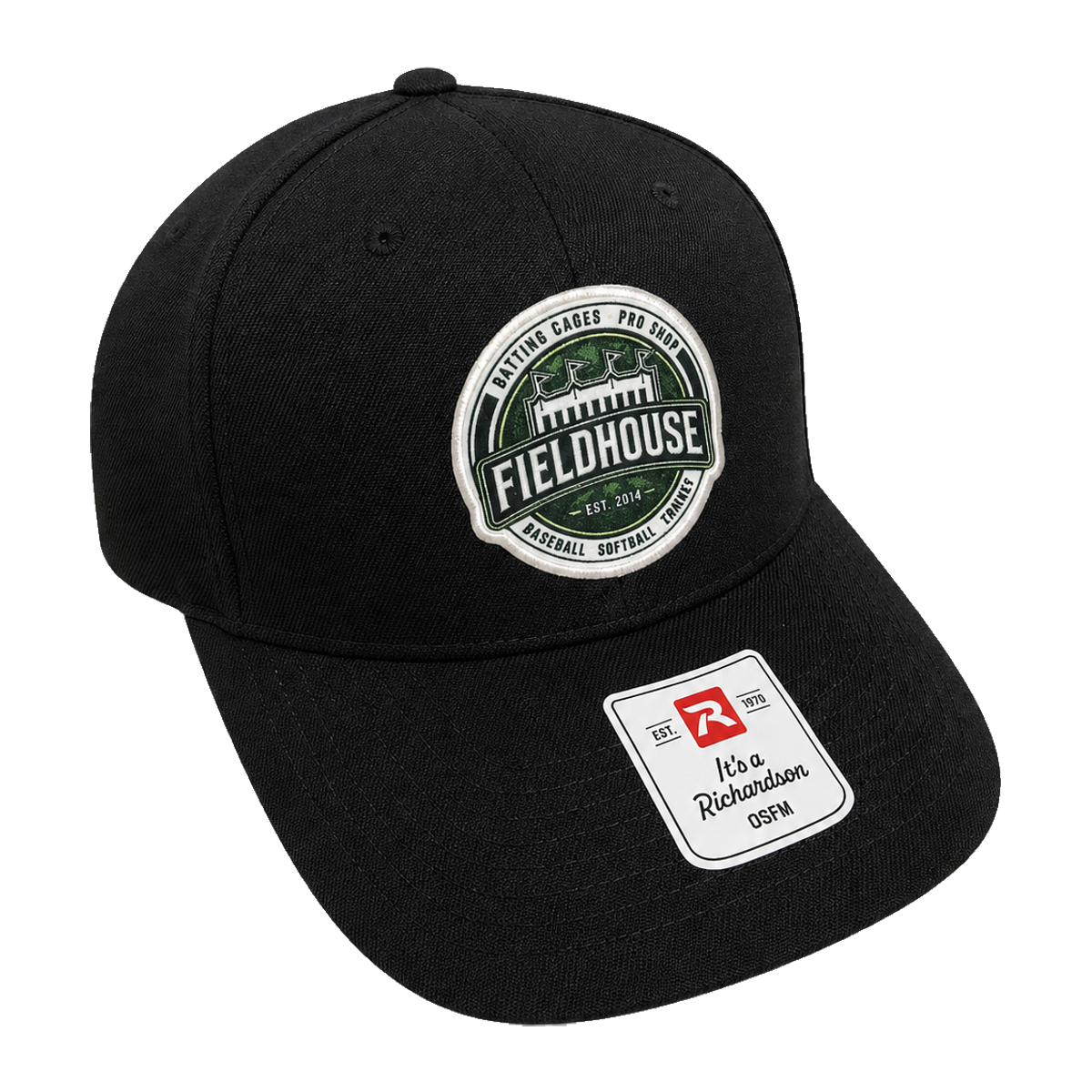Black Fieldhouse snapback cap with embroidered Fieldhouse patch, front view