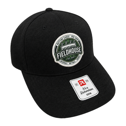 Black Fieldhouse snapback cap with embroidered Fieldhouse patch, front view