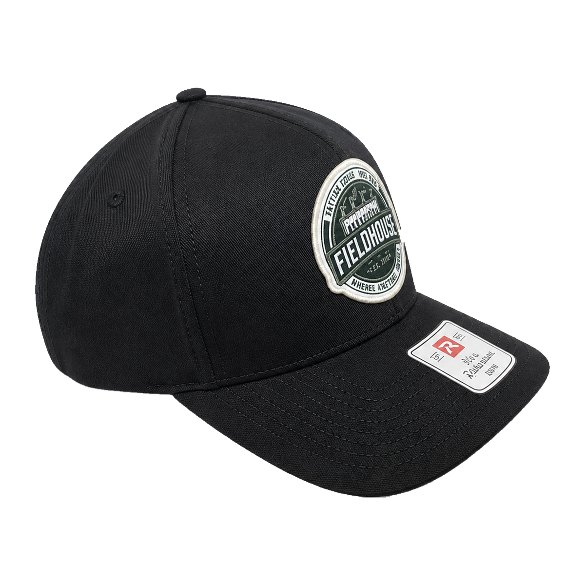 Black Fieldhouse snapback cap with embroidered Fieldhouse patch, side view