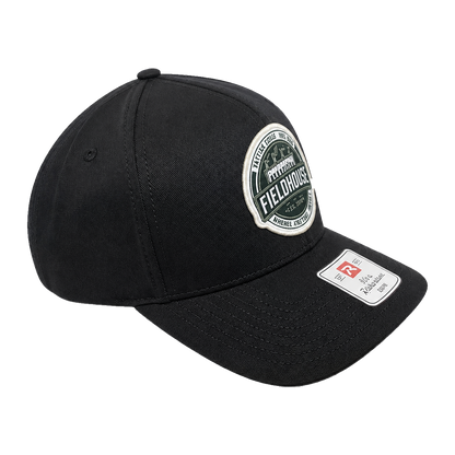Black Fieldhouse snapback cap with embroidered Fieldhouse patch, side view