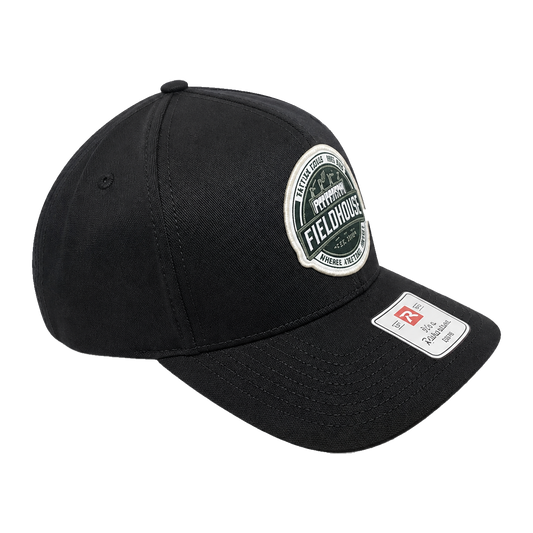 Black Fieldhouse snapback cap with embroidered Fieldhouse patch, side view