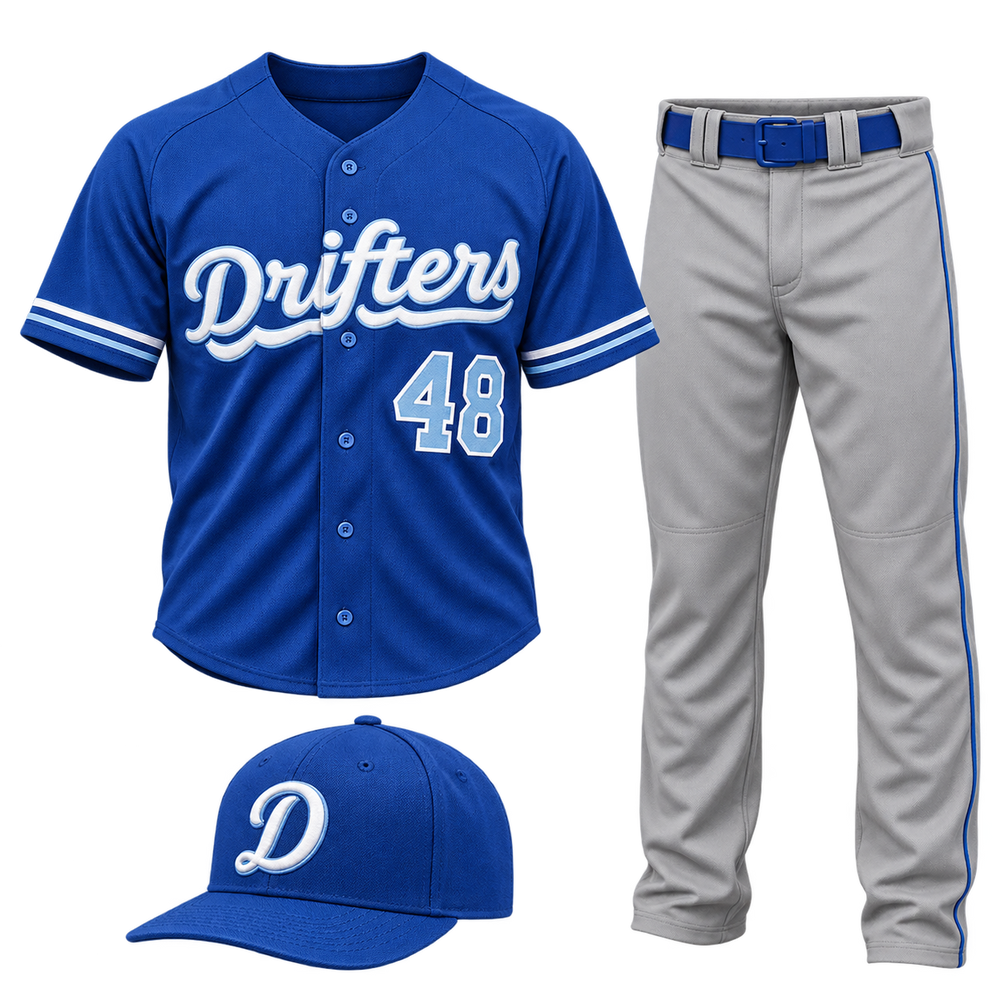 Custom blue baseball jersey, grey pants and matching cap