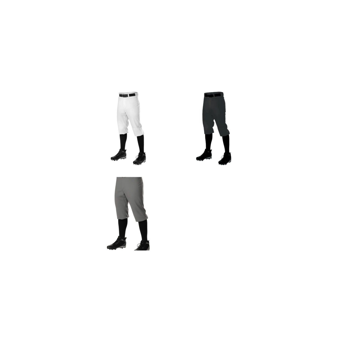 Adult knee-length baseball and softball pants in white, grey and black