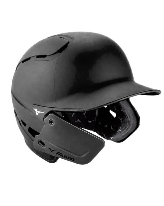 Black Mizuno B6 batting helmet with C-Flap for a left-handed hitter
