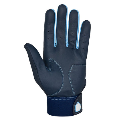 Mizuno MVP batting gloves in navy and light blue, palm view