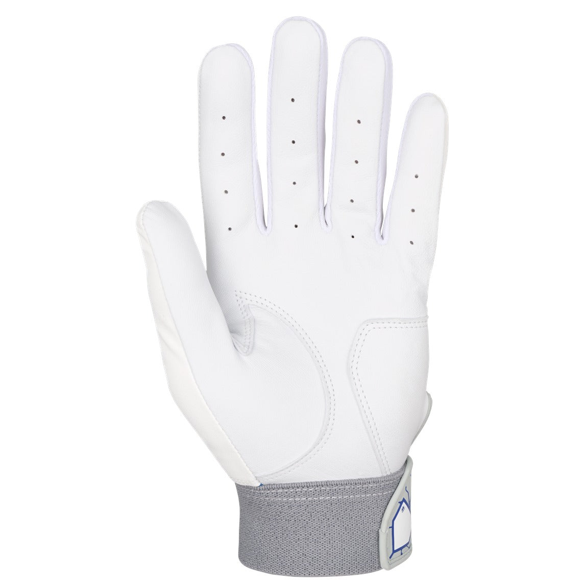 Mizuno MVP batting gloves in white and blue, palm view