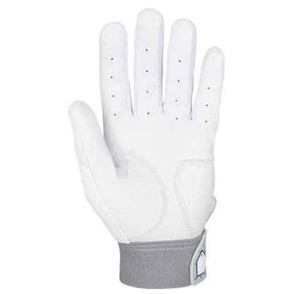 Mizuno MVP batting gloves in white and blue, palm view