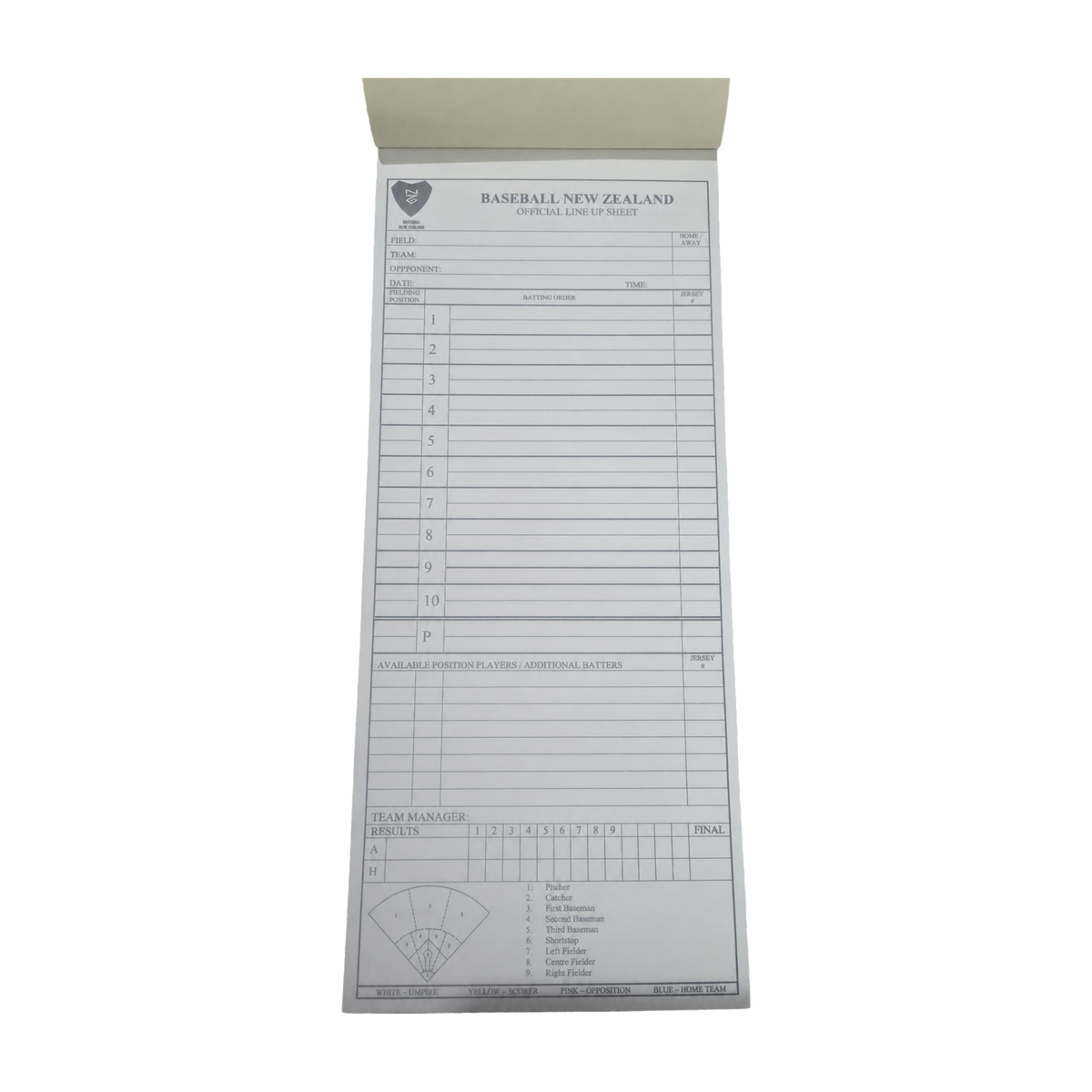 Official Baseball New Zealand Lineup Sheets on a transparent background