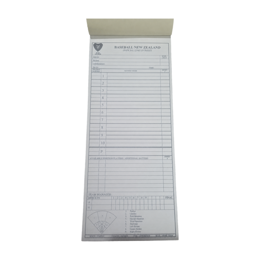 Official Baseball New Zealand Lineup Sheets on a transparent background